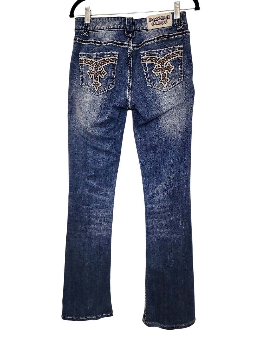 Rock & Roll Cowgirl Y2K Women's Dark Blue Studded Bootcut Jeans Size 27 - Picture 7 of 16